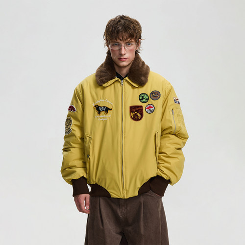 美式复古刺绣徽章可拆卸毛领棉服