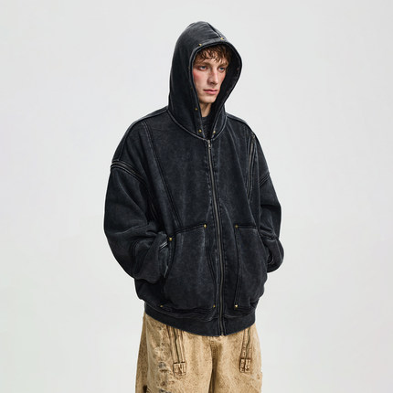 BTSG美式复古重磅喷漆铆钉加绒连帽卫衣vintage金属拉链开衫外套