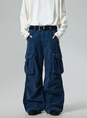 BTSG美式复古褶皱口袋灯芯绒工装裤重磅水洗做旧百搭直筒阔腿裤子