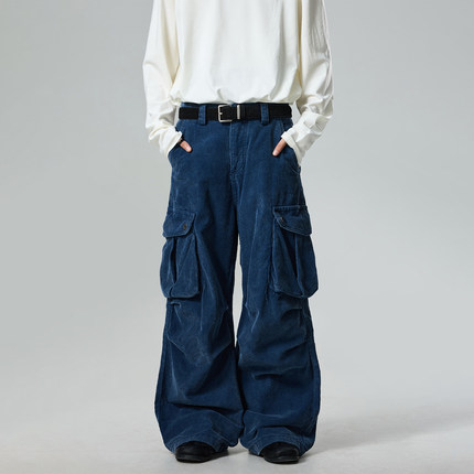 BTSG美式复古褶皱口袋灯芯绒工装裤重磅水洗做旧百搭直筒阔腿裤子