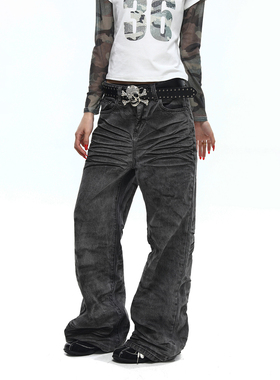 BTSG小众朋克复古雪花纹理牛王做旧水洗猫须折痕宽松微喇牛仔裤男