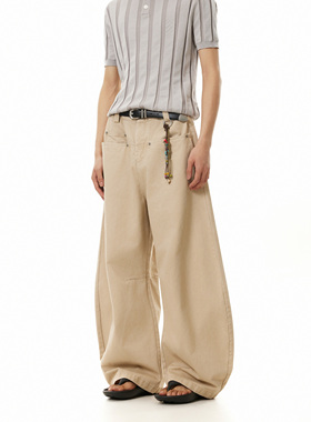 BTSG小众复古廓形打褶弧形平衡口袋弯刀裤美式通勤垂感阔腿休闲裤