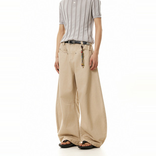 BTSG小众复古廓形打褶弧形平衡口袋弯刀裤美式通勤垂感阔腿休闲裤