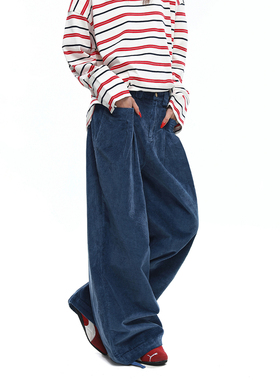 BTSG 可调节金属腰扣 复古水洗捏褶宽松阔腿灯芯绒男女休闲工装裤