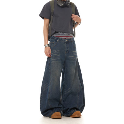 BTSG美式复古水洗做旧压褶猫须阔腿弯刀牛仔裤小众A字版型香蕉裤