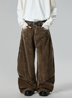 BTSG复古水洗做旧拼接解构灯芯绒工装裤设计感痞帅宽松阔腿休闲裤