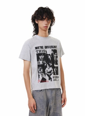 BTSG“复古乐队印花短宽正肩T恤”美式Cleanfit修身显瘦男女短袖