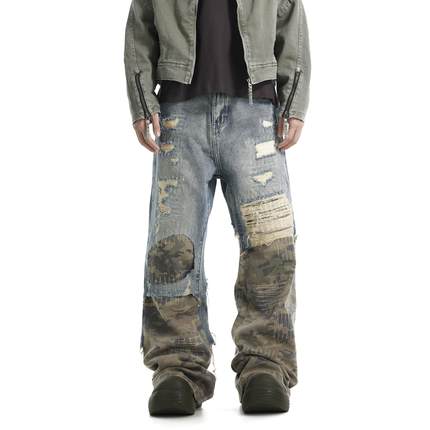 BTSG美式复古小鬼同款乱针刺绣破洞宽松阔腿拼接假两件迷彩牛仔裤