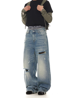 BTSG美式复古水洗蓝猫须破洞牛仔裤Cleanfit宽松直筒垂感休闲长裤