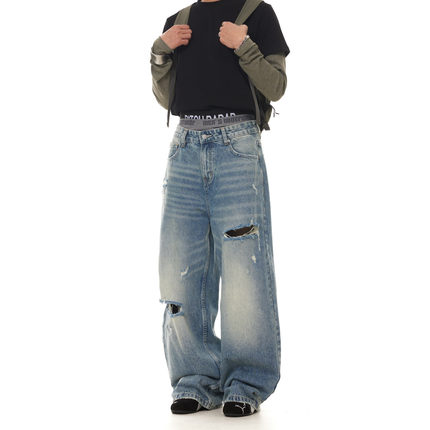 BTSG美式复古水洗蓝猫须破洞牛仔裤Cleanfit宽松直筒垂感休闲长裤