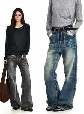 BTSG 水洗立体猫须A字宽松直筒牛仔裤Cleanfit深海蓝百搭通勤裤子