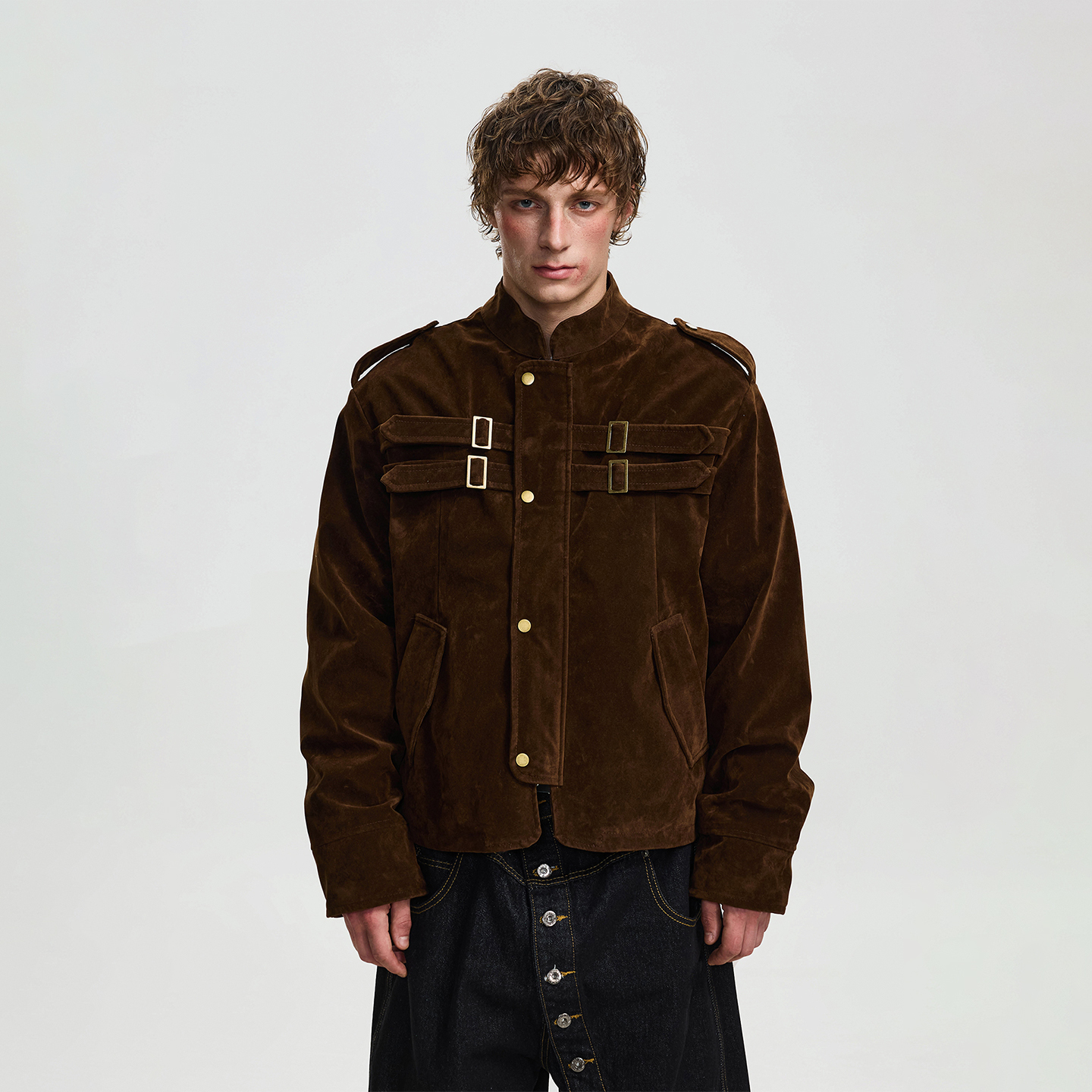 美式复古仿麂皮绒金属扣短宽外套