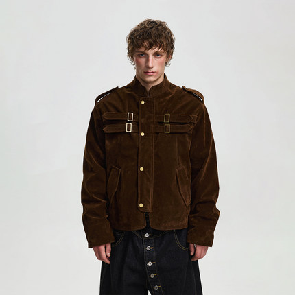 BTSG美式复古仿麂皮绒金属扣短宽外套Cleanfit拼接设计哈灵顿夹克