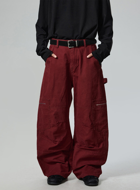BTSG美式复古水洗绣红色阔腿工装裤男Cleanfit宽松直筒男女休闲裤