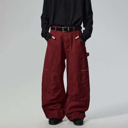 BTSG美式复古水洗绣红色阔腿工装裤男Cleanfit宽松直筒男女休闲裤