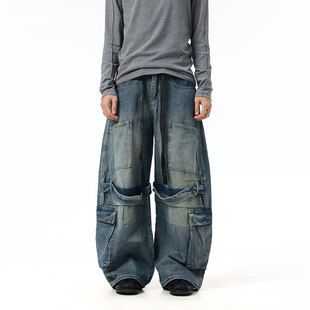 子 baggy街头感宽松阔腿裤 BTSG美式 复古水洗解构绑带多口袋牛仔裤