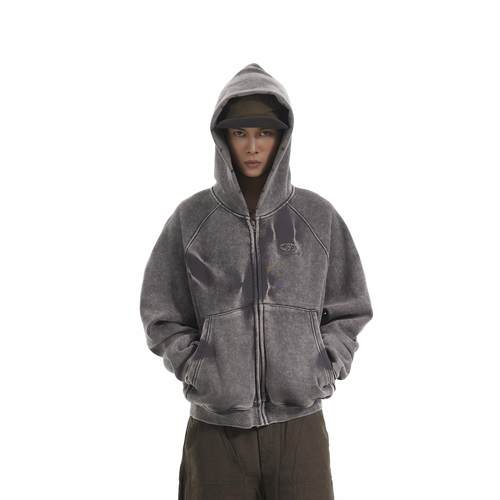 BTSG美式复古做旧渐变褶皱堆积感加绒连帽卫衣国潮拉链开衫外套男