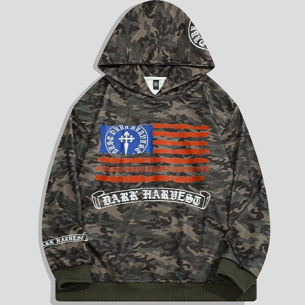 UNXU美式街头迷彩连帽卫衣男女情侣宽松春秋时尚复古字母印花帽衫