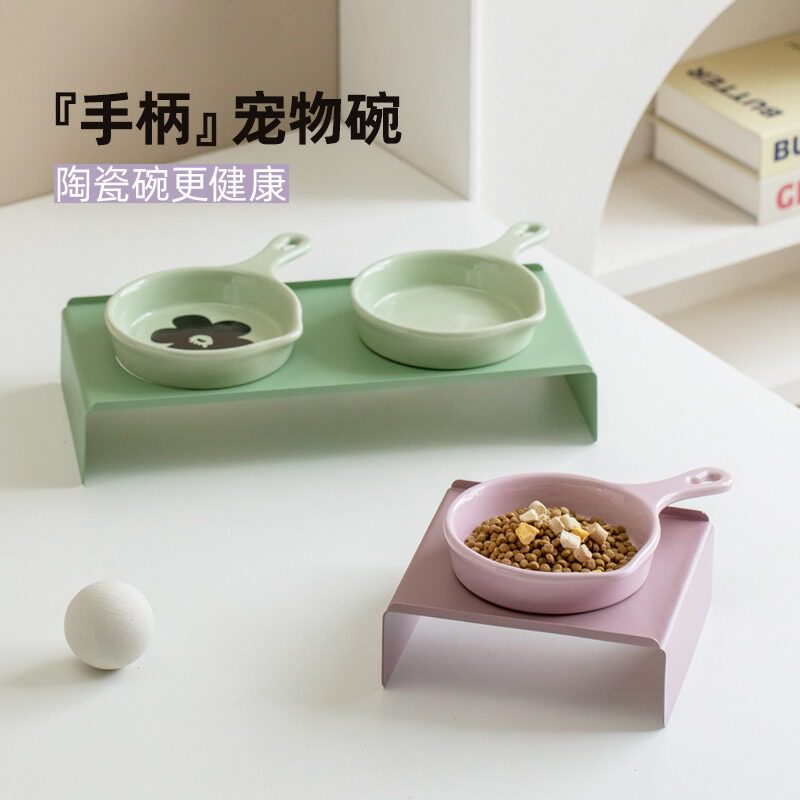 带柄平底锅狗碗陶瓷猫碗防打翻饮水碗护颈椎猫咪罐头双碗宠物用品