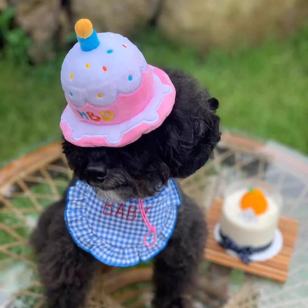 INS爆款韩国狗狗帽子生日蛋糕蜡烛宠物BB叫毛绒泰迪猫咪发声玩具