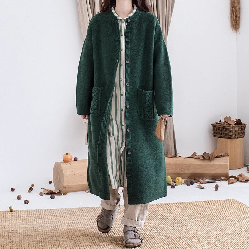 秋装复古绞花长款羊毛开衫外套