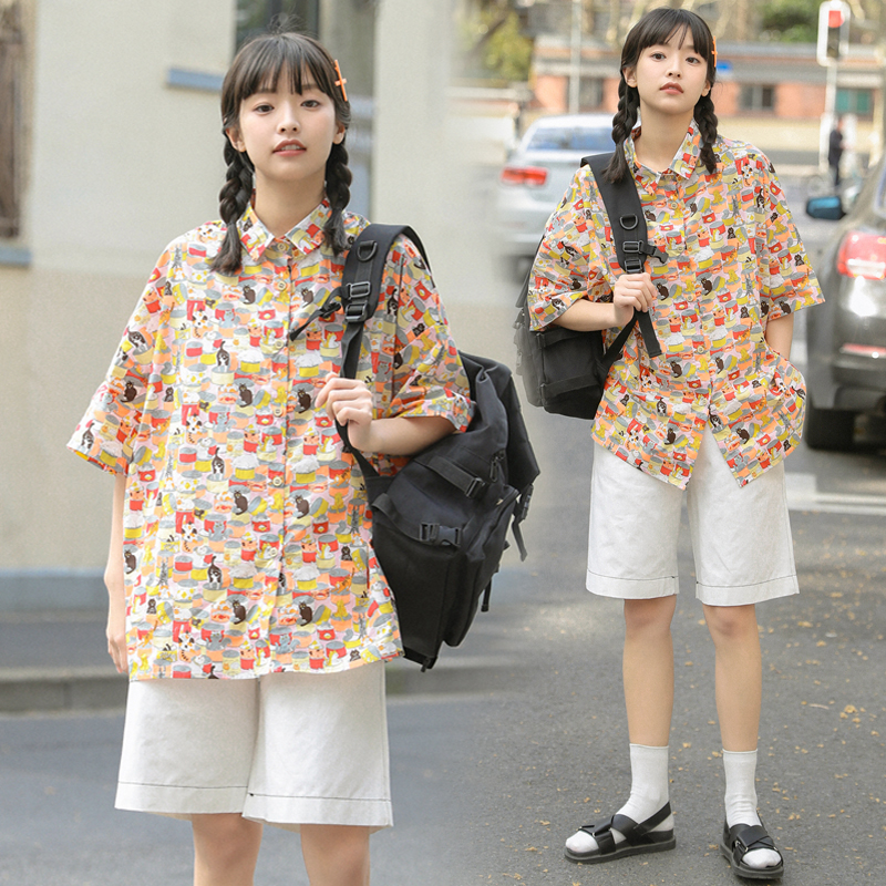 夏季原宿风套装女学生宽松花色衬衫搭配阔腿休闲五分裤两件套洋气
