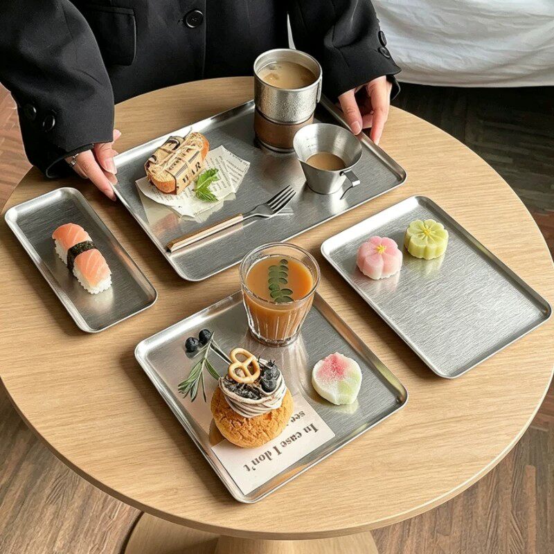 工业风不锈钢餐盘西式早餐盘子茶点盘餐咖啡厅手冲咖啡托盘长方形