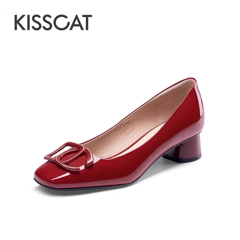 KISS CAT/接吻猫春秋牛漆皮方头浅口一脚蹬粗跟单鞋女KA42102-12,女鞋,浅口单鞋,淘宝优惠券,粉丝福利购,淘宝优惠卷