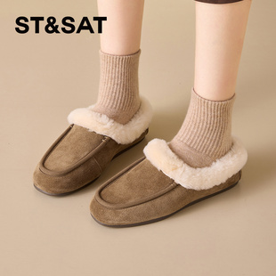 St&Sat/星期六冬季牛反绒勃肯鞋加绒保暖平底毛毛鞋女SSD4110CWB