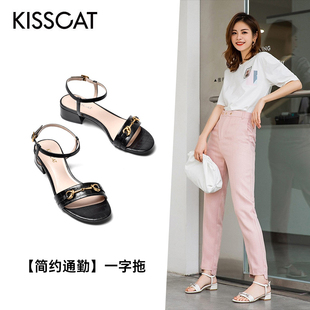 KISS CAT/接吻猫夏季牛皮圆头一字扣低粗跟露趾凉鞋女KA21302-13