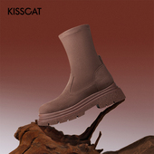 接吻猫秋冬圆头增高厚底弹力中筒瘦瘦靴女KA32870 KISS CAT