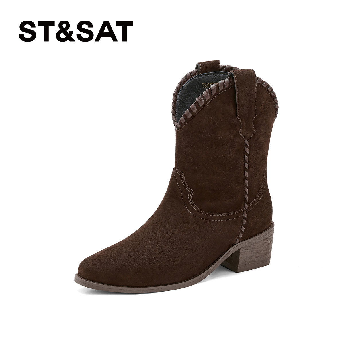 St&Sat/星期六秋冬西部牛仔靴尖头粗跟显瘦V口短靴女SSD4116CQR,女鞋,西部靴,淘宝优惠券,粉丝福利购,淘宝优惠卷