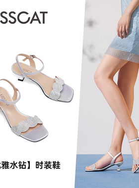 KISS CAT/接吻猫夏季羊皮水钻一字带细高跟露趾凉鞋女KA43352-16