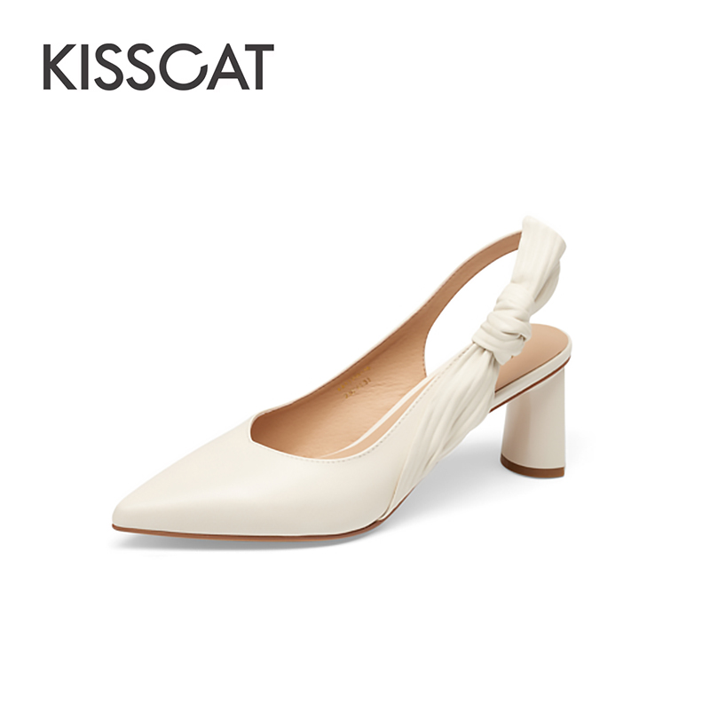 接吻猫羊皮粗高跟尖头凉鞋