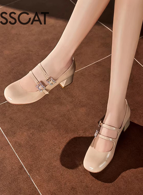 KISS CAT/接吻猫春秋牛漆皮玛丽珍鞋水钻扣粗跟单鞋女KA54112-14