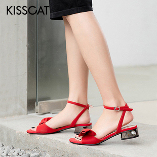 KISS CAT/接吻猫夏季羊皮蝴蝶结一字扣低跟露趾凉鞋女KA21302-10