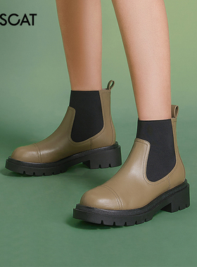 KISS CAT/接吻猫秋冬新款牛皮圆头厚底短筒切尔西靴女KA32549-50