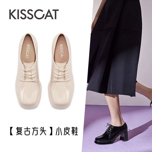 接吻猫牛皮粗高跟复古乐福鞋