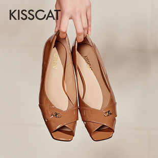KISS CAT/接吻猫春夏牛皮浅口鱼嘴单鞋低跟露趾凉鞋女KA54169-10