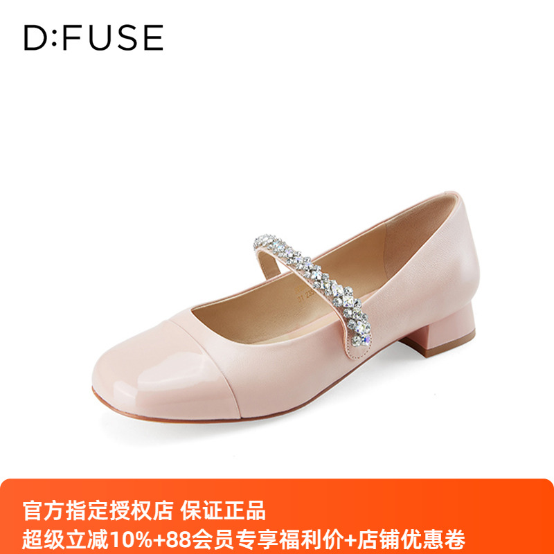 D：Fuse/迪芙斯春秋羊皮水钻一字带低跟玛丽珍单鞋女DF33111067