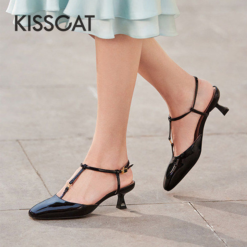 KISS CAT/接吻猫夏季牛皮T字带玛丽珍鞋高跟包头凉鞋女KA54111-14