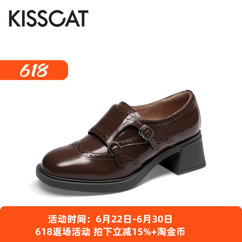 接吻猫漆皮粗跟英伦小皮鞋女