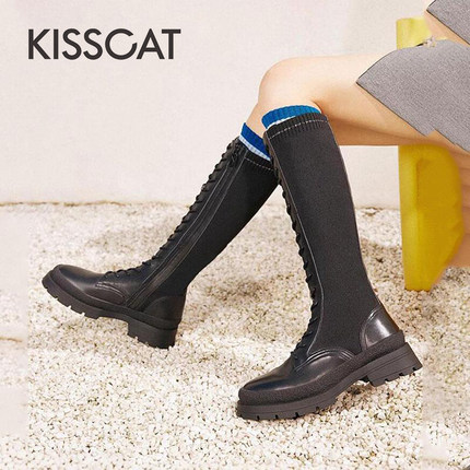 KISS CAT/接吻猫秋冬牛皮拼接骑士靴圆头厚底长筒靴女KA32740-53