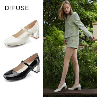 迪芙斯春秋漆皮方头水钻一字带粗跟玛丽珍单鞋 D：Fuse DF31111019