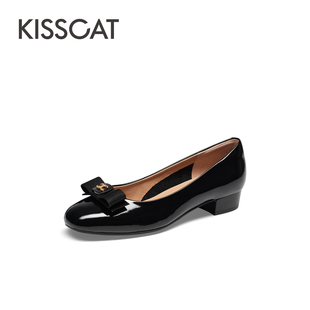 KISS CAT/接吻猫春秋牛漆皮圆头浅口蝴蝶结低跟单鞋女KA54124-10
