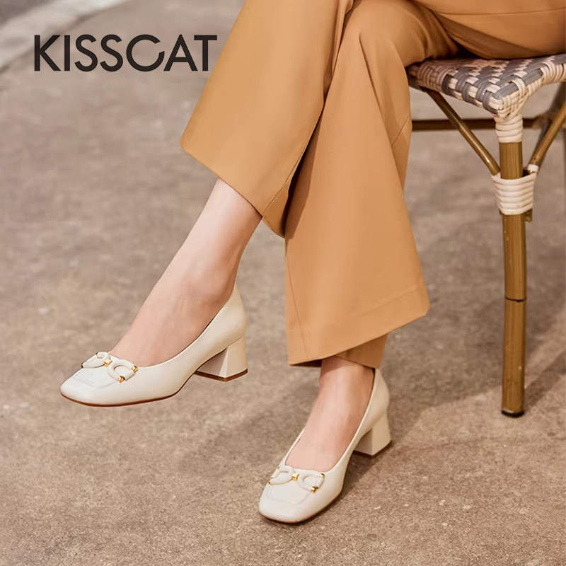 KISS CAT/接吻猫新款春秋羊皮方头浅口粗跟通勤单鞋女KA54110-12