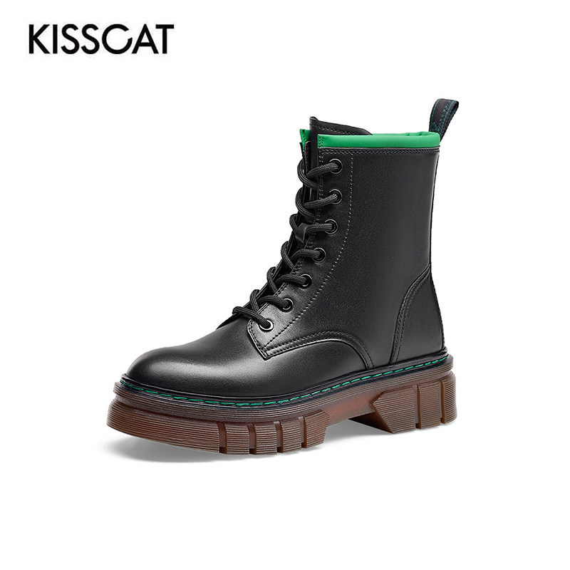 KISS CAT/接吻猫秋冬牛皮马丁靴厚底增高侧拉链短靴女KA32742-50,女鞋,马丁靴,淘宝优惠券,粉丝福利购,淘宝优惠卷