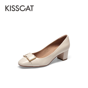 KISS CAT/接吻猫春秋羊皮金属扣方头浅口粗高跟单鞋女KA54111-13