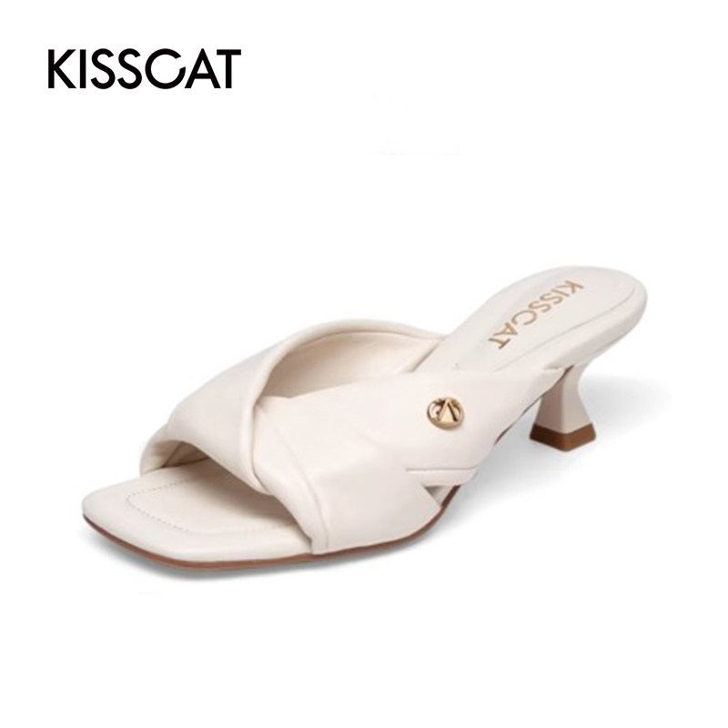 KISS CAT/接吻猫春夏羊皮细高跟鞋一字型外穿凉拖鞋女KA43352-10,女鞋,一字拖,淘宝优惠券,粉丝福利购,淘宝优惠卷