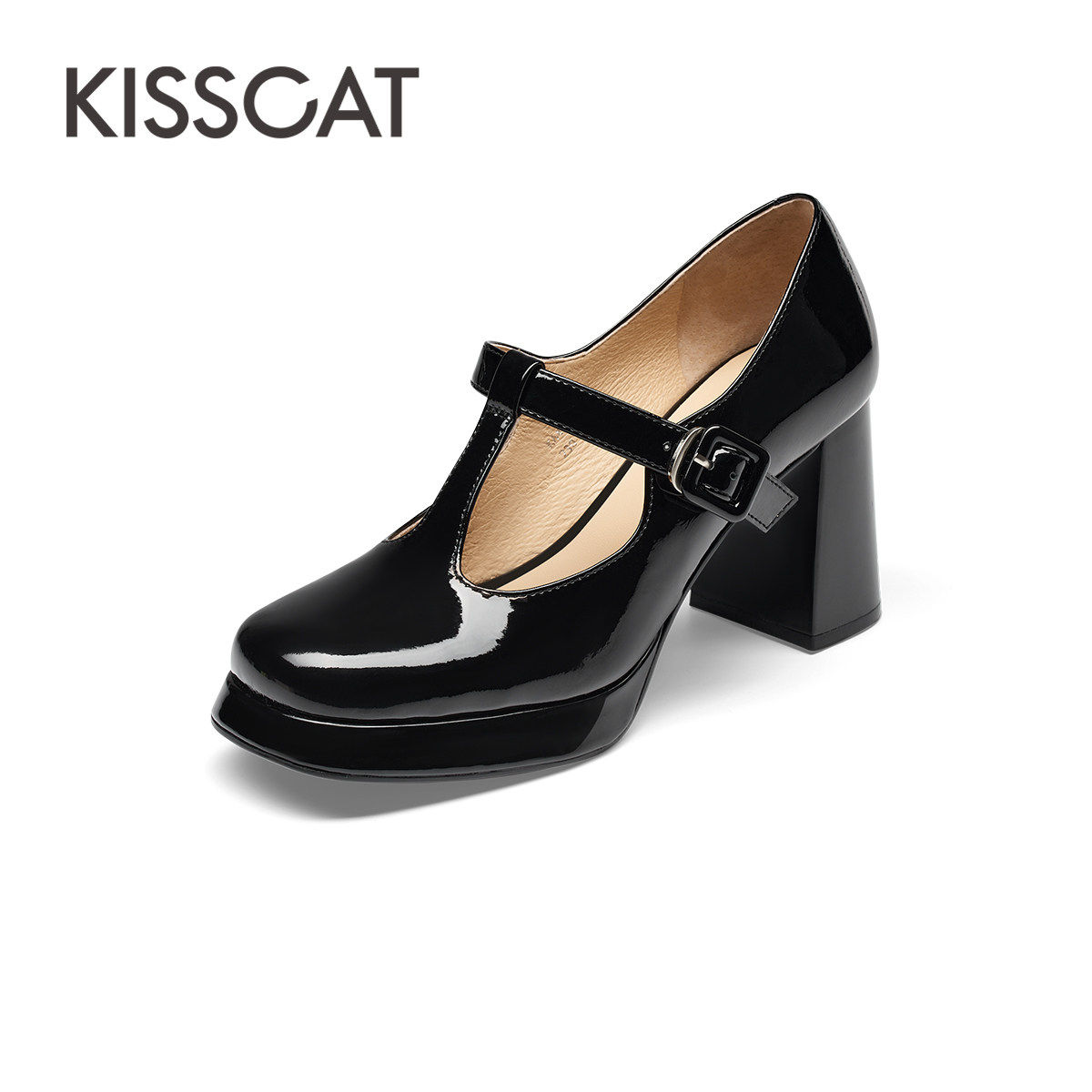 KISS CAT/接吻猫春秋牛漆皮T字带玛丽珍鞋粗高跟单鞋女KA43354-80,女鞋,玛丽珍鞋,淘宝优惠券,粉丝福利购,淘宝优惠卷
